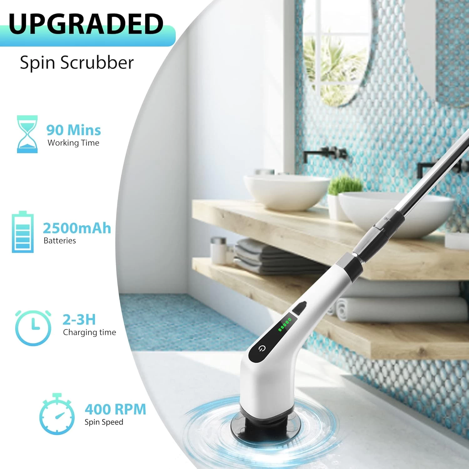 Perie Electrica Rotativa pentru Curatare Bucatarie, Baie, Pardoseala, Geamuri, Masina, 9 Capete, Autonomie 90 de Minute, 450 RPM, 2 Viteze, Maner Extensibil de 137 cm, Reincarcabila USB, Aluminiu, Alb [7]