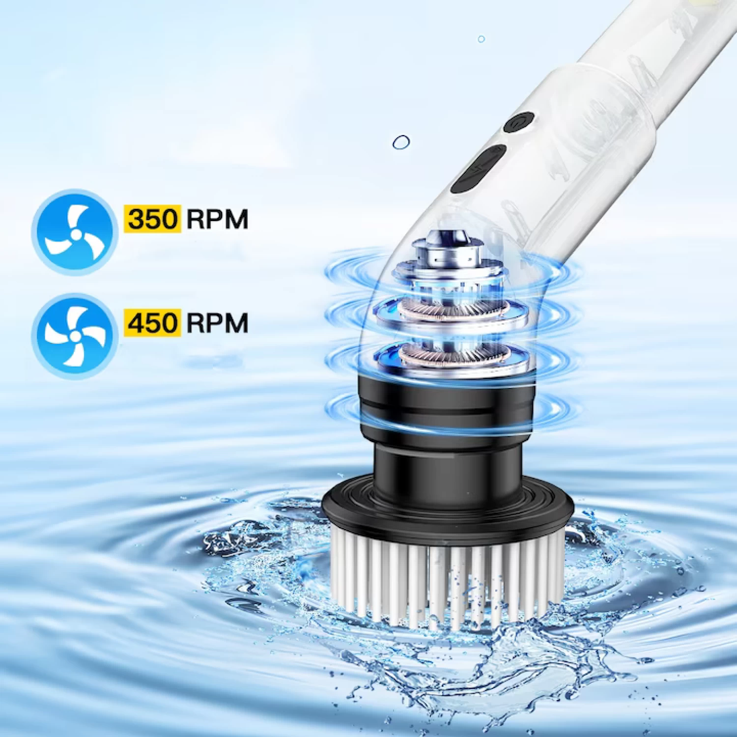 Perie Electrica Rotativa pentru Curatare Bucatarie, Baie, Pardoseala, Geamuri, Masina, 9 Capete, Autonomie 90 de Minute, 450 RPM, 2 Viteze, Maner Extensibil de 137 cm, Reincarcabila USB, Aluminiu, Alb [12]