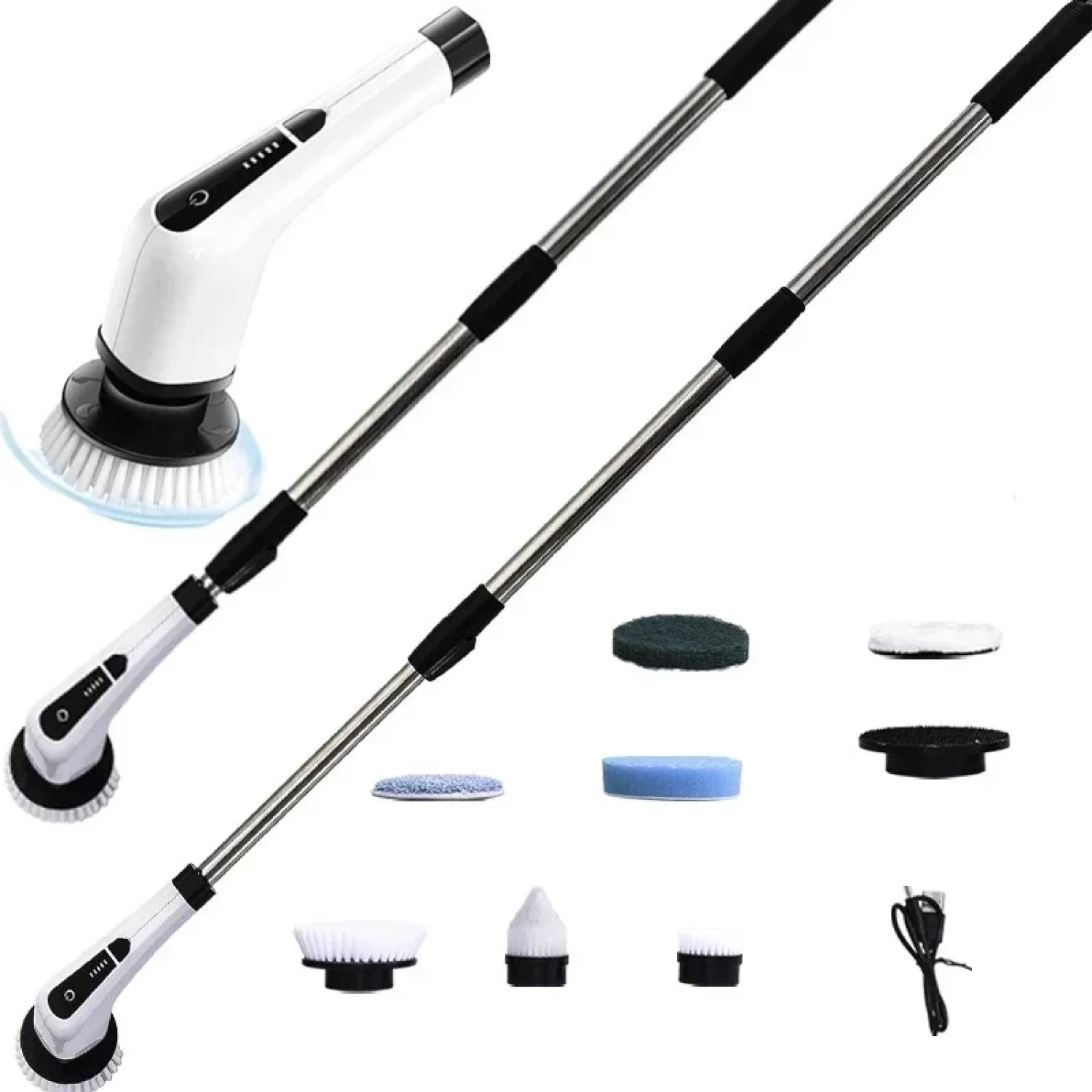 Perie Electrica Rotativa pentru Curatare Bucatarie, Baie, Pardoseala, Geamuri, Masina, 9 Capete, Autonomie 90 de Minute, 450 RPM, 2 Viteze, Maner Extensibil de 137 cm, Reincarcabila USB, Aluminiu, Alb [4]