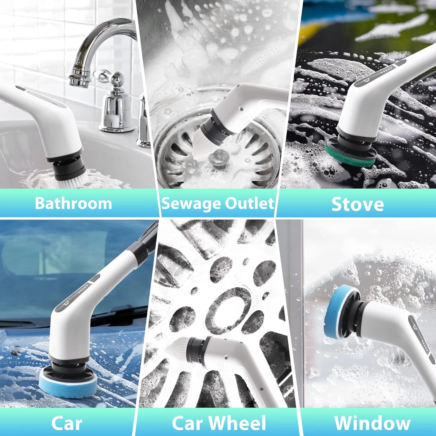 Perie Electrica Rotativa pentru Curatare Bucatarie, Baie, Pardoseala, Geamuri, Masina, 9 Capete, Autonomie 90 de Minute, 450 RPM, 2 Viteze, Maner Extensibil de 137 cm, Reincarcabila USB, Aluminiu, Alb [9]