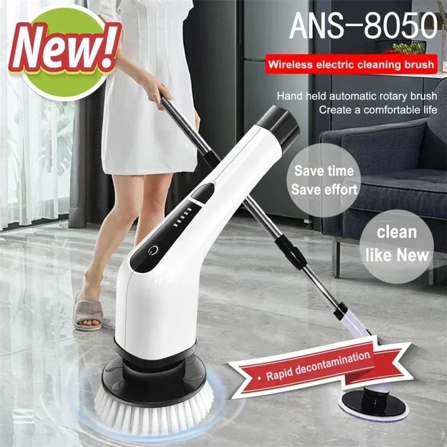 Perie Electrica Rotativa pentru Curatare Bucatarie, Baie, Pardoseala, Geamuri, Masina, 9 Capete, Autonomie 90 de Minute, 450 RPM, 2 Viteze, Maner Extensibil de 137 cm, Reincarcabila USB, Aluminiu, Alb [5]
