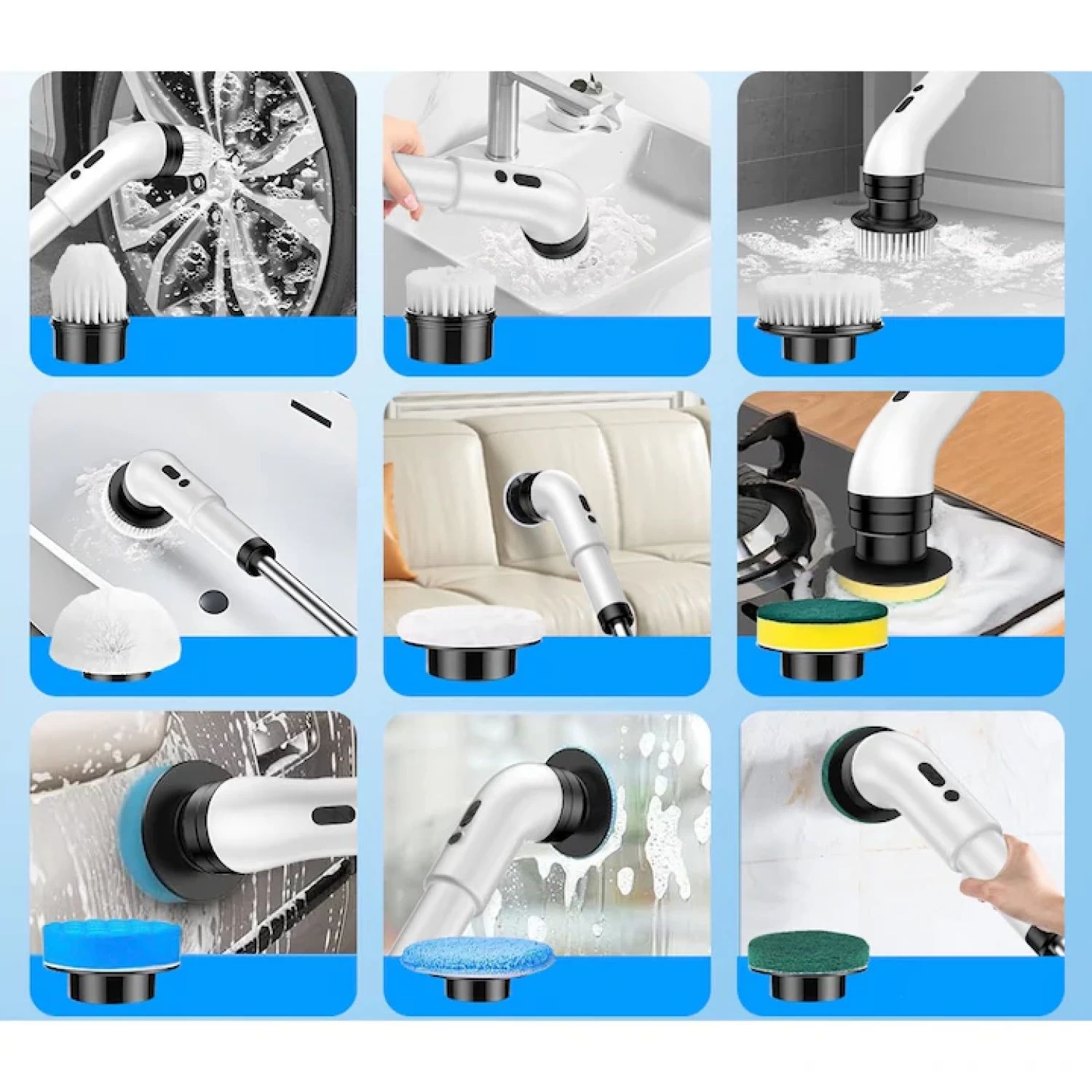 Perie Electrica Rotativa pentru Curatare Bucatarie, Baie, Pardoseala, Geamuri, Masina, 9 Capete, Autonomie 90 de Minute, 450 RPM, 2 Viteze, Maner Extensibil de 137 cm, Reincarcabila USB, Aluminiu, Alb [15]