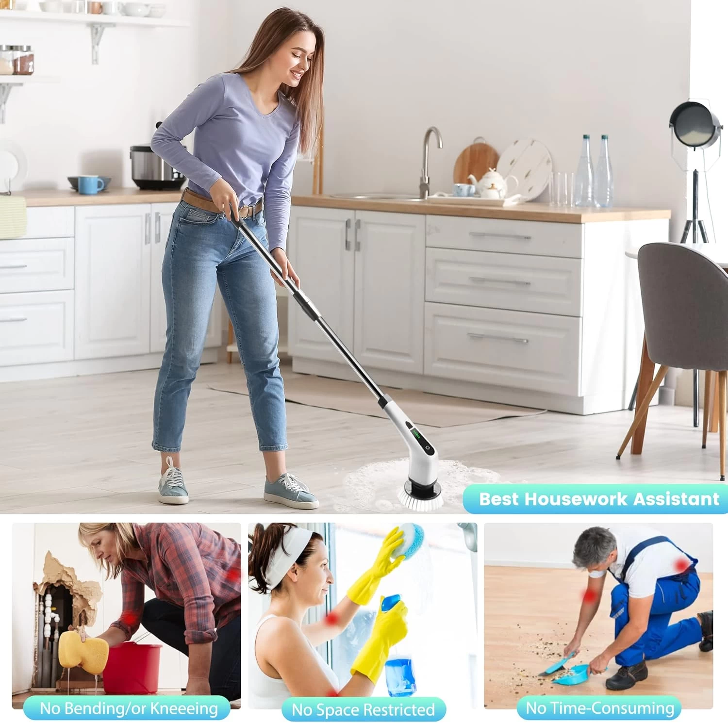 Perie Electrica Rotativa pentru Curatare Bucatarie, Baie, Pardoseala, Geamuri, Masina, 9 Capete, Autonomie 90 de Minute, 450 RPM, 2 Viteze, Maner Extensibil de 137 cm, Reincarcabila USB, Aluminiu, Alb [10]