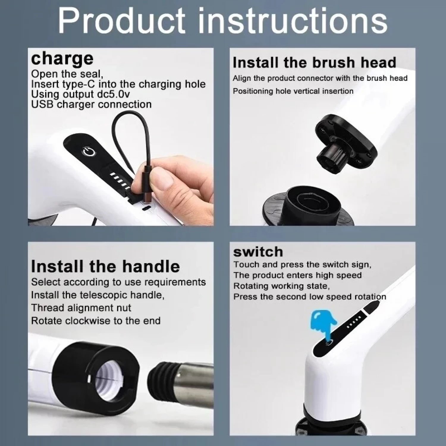 Perie Electrica Rotativa pentru Curatare Bucatarie, Baie, Pardoseala, Geamuri, Masina, 9 Capete, Autonomie 90 de Minute, 450 RPM, 2 Viteze, Maner Extensibil de 137 cm, Reincarcabila USB, Aluminiu, Alb [2]