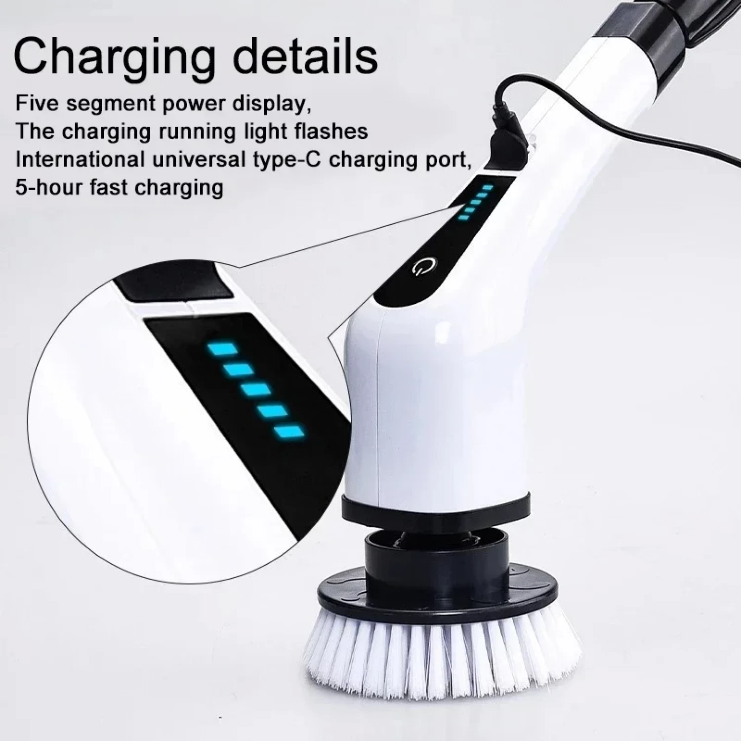 Perie Electrica Rotativa pentru Curatare Bucatarie, Baie, Pardoseala, Geamuri, Masina, 9 Capete, Autonomie 90 de Minute, 450 RPM, 2 Viteze, Maner Extensibil de 137 cm, Reincarcabila USB, Aluminiu, Alb [6]