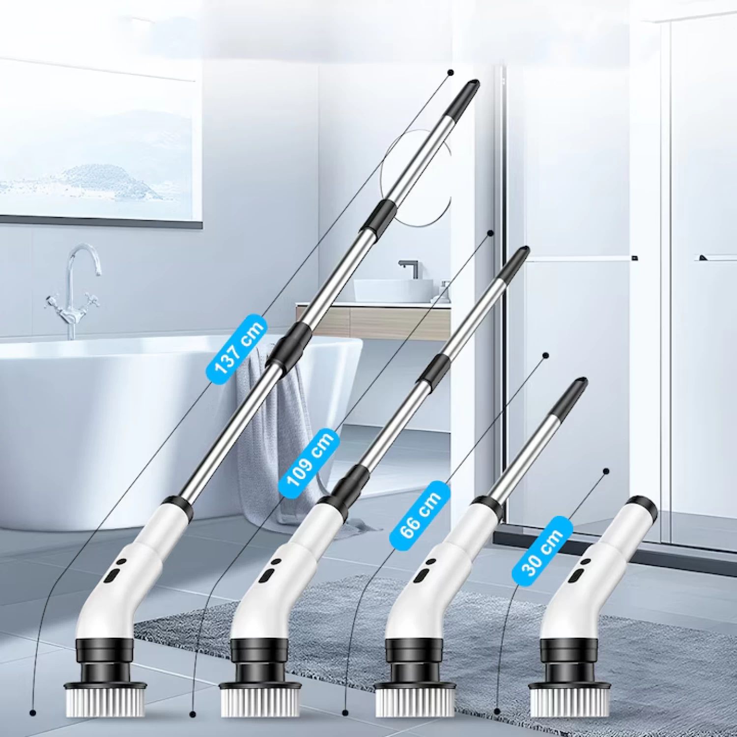 Perie Electrica Rotativa pentru Curatare Bucatarie, Baie, Pardoseala, Geamuri, Masina, 9 Capete, Autonomie 90 de Minute, 450 RPM, 2 Viteze, Maner Extensibil de 137 cm, Reincarcabila USB, Aluminiu, Alb [13]
