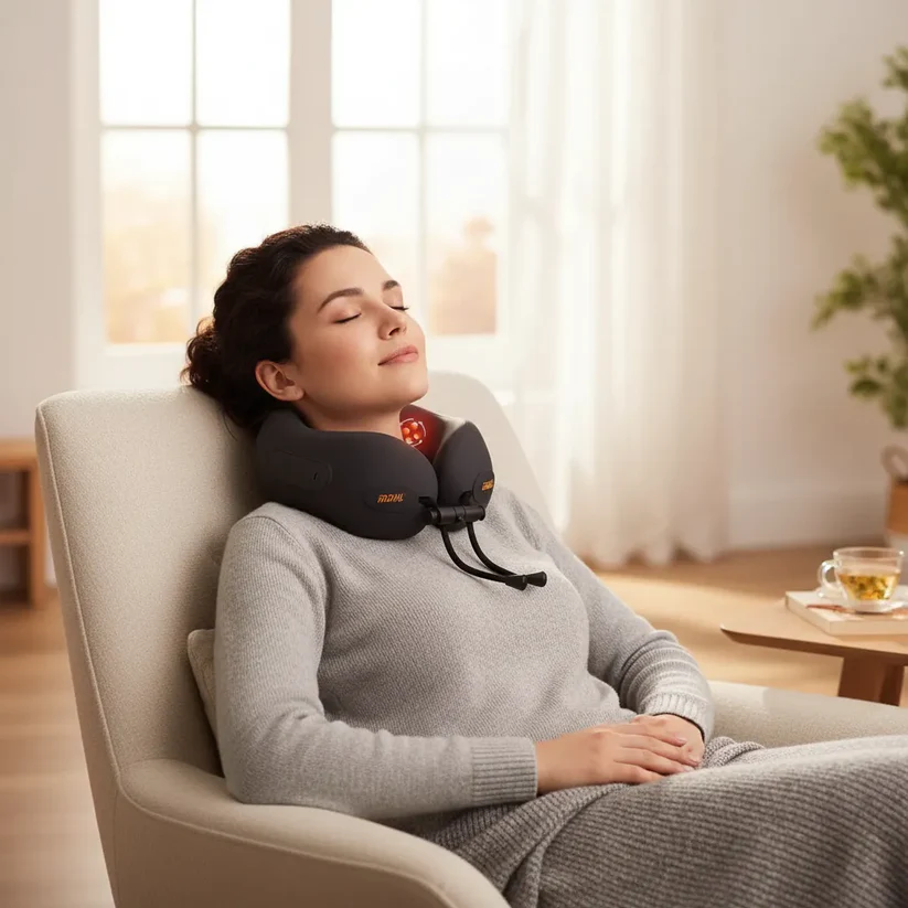 Pernă cervicală inteligentă cu masaj și încălzire, design ergonomic 360°, alimentare USB-C, portabilă, spumă memorie [6]