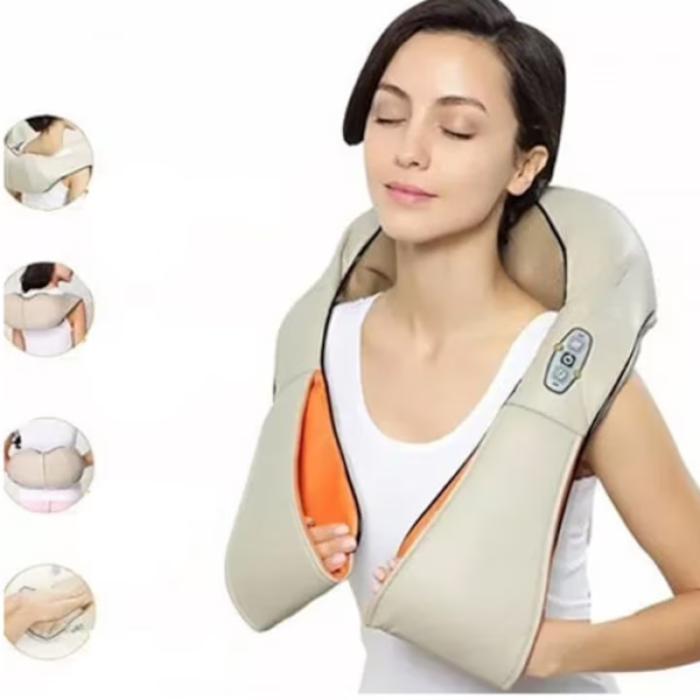 Pernă masaj cervical tip guler, 24W, cu funcție de încălzire și role rotative, oprire automată 10 min, infraroșu 65°C, crem [4]