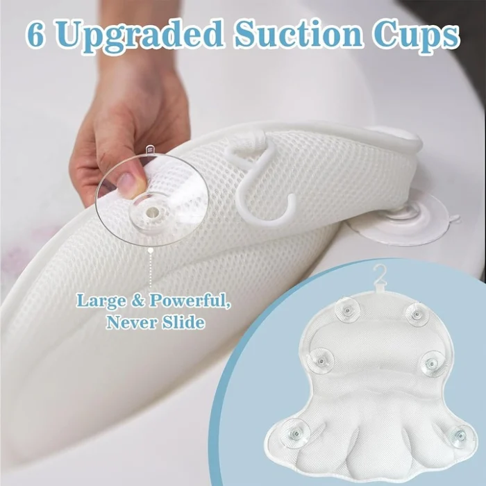 Perna pentru cadă cu 6 ventuze, Suport ergonomic pentru gât și umeri, Material 4D Air-Mesh, 43x43 cm, Alb, Anti-alunecare [8]