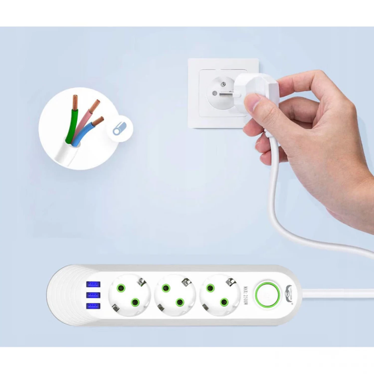 Prelungitor Universal cu 3 Prize și 2 Porturi USB, Suport de Agățare Incorporat, Rezistent la Temperaturi Înalte, Lungime 2m, Culoare Neagră, Control Cu Întrerupător - Soluție Multifuncțională pentru [5]