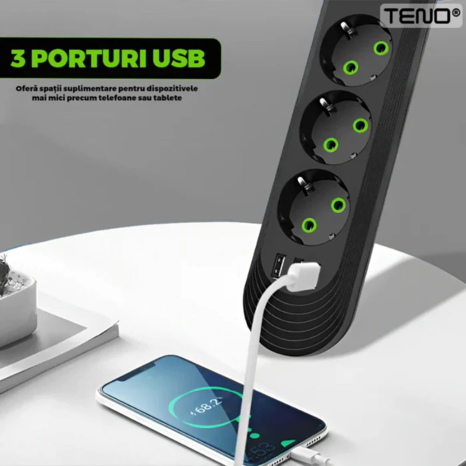 Priza Multiplă 5 Prize cu 3 Porturi USB, 5m, Alb/Negru, Protecție la Supratensiune, Iluminare LED, Tensiune 220-240V, Sarcina Maxima 2500W, Protecție Suplimentară pentru Dispozitivele Tale [6]
