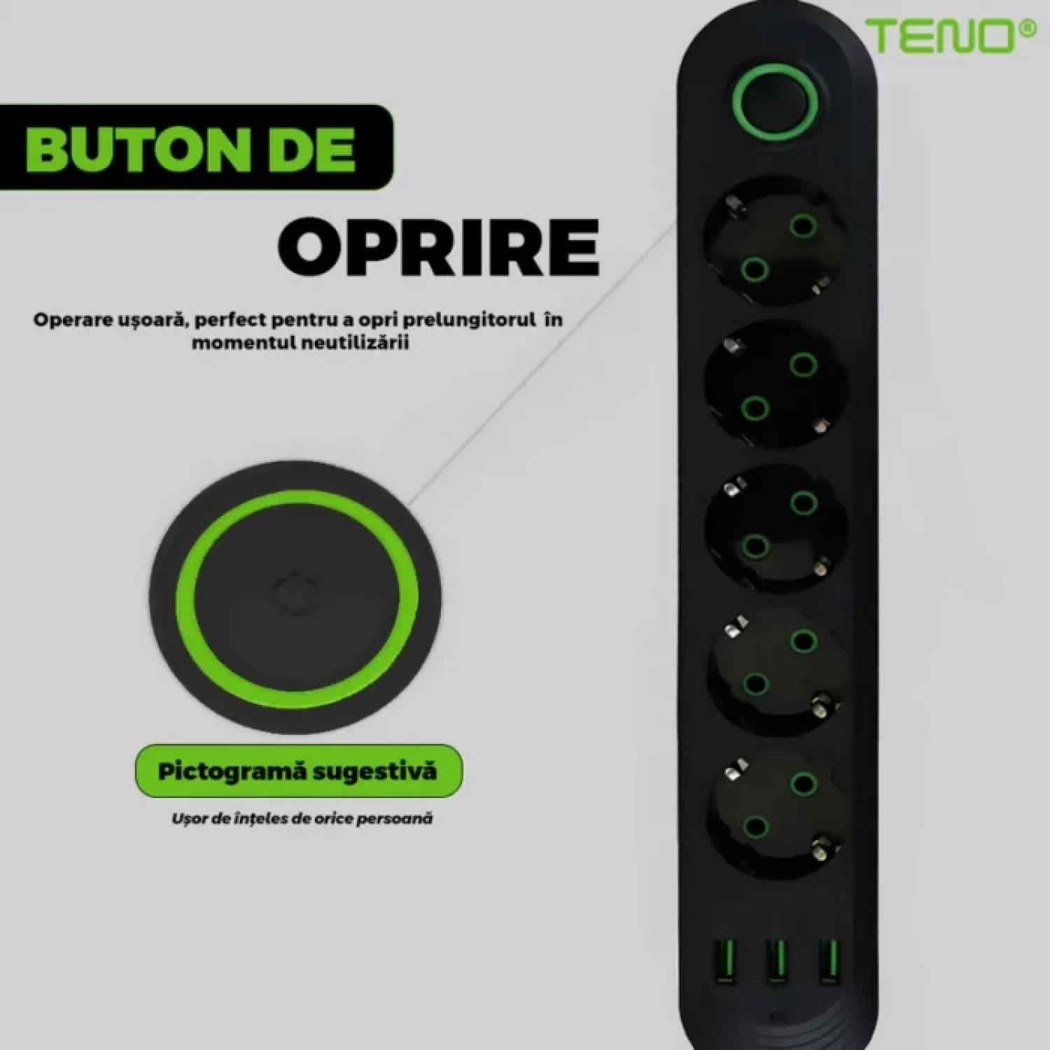 Priza Multiplă 5 Prize cu 3 Porturi USB, 5m, Alb/Negru, Protecție la Supratensiune, Iluminare LED, Tensiune 220-240V, Sarcina Maxima 2500W, Protecție Suplimentară pentru Dispozitivele Tale [2]