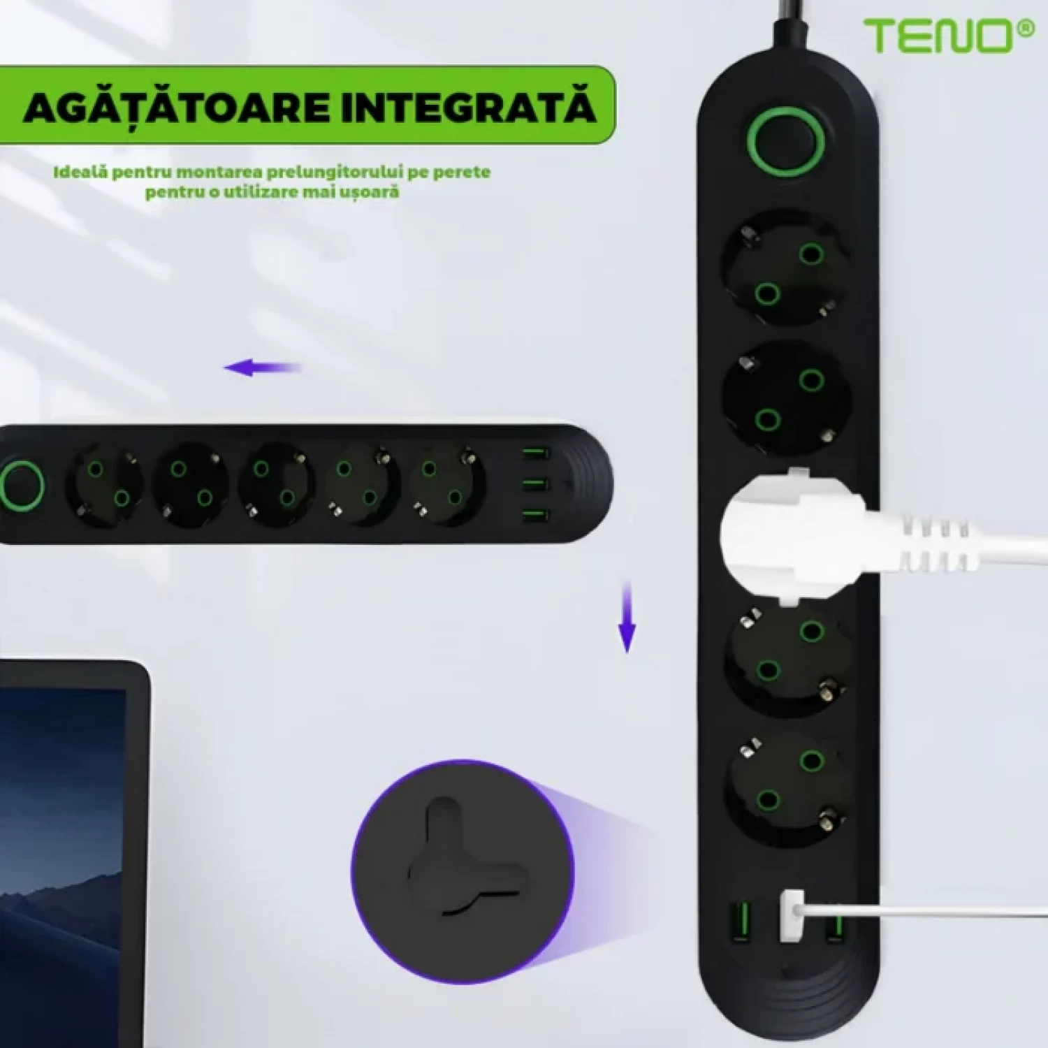 Priza Multiplă 5 Prize cu 3 Porturi USB, 5m, Alb/Negru, Protecție la Supratensiune, Iluminare LED, Tensiune 220-240V, Sarcina Maxima 2500W, Protecție Suplimentară pentru Dispozitivele Tale [4]
