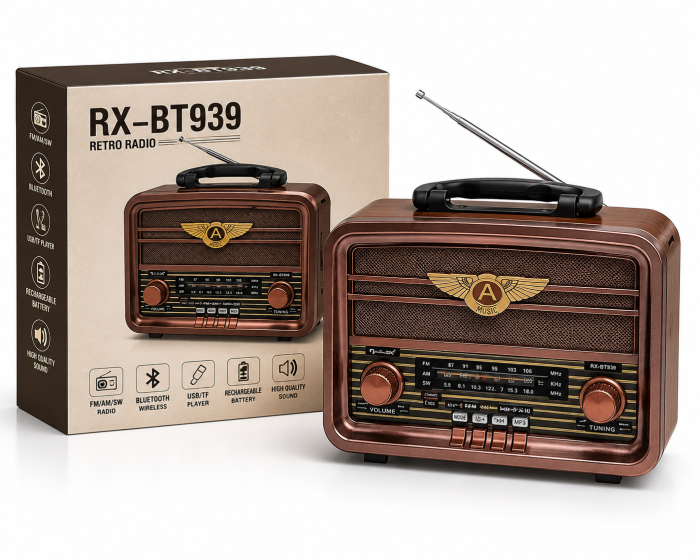 Radio Portabil Bluetooth RX-BT939, Design Retro Vintage, Radio FM/AM/SW, Redare MP3 prin Bluetooth, USB, Card TF și AUX, Difuzor Stereo Hi-Fi, Acumulator Reîncărcabil, Antenă Telescopică [1]