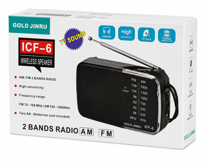 Radio Portabil Gold Jinru ICF-6, Radio FM/AM 2 Benzi, Difuzor Hi-Fi, Antenă Telescopică, Design Compact, Ideal pentru Acasă și Călătorii [2]