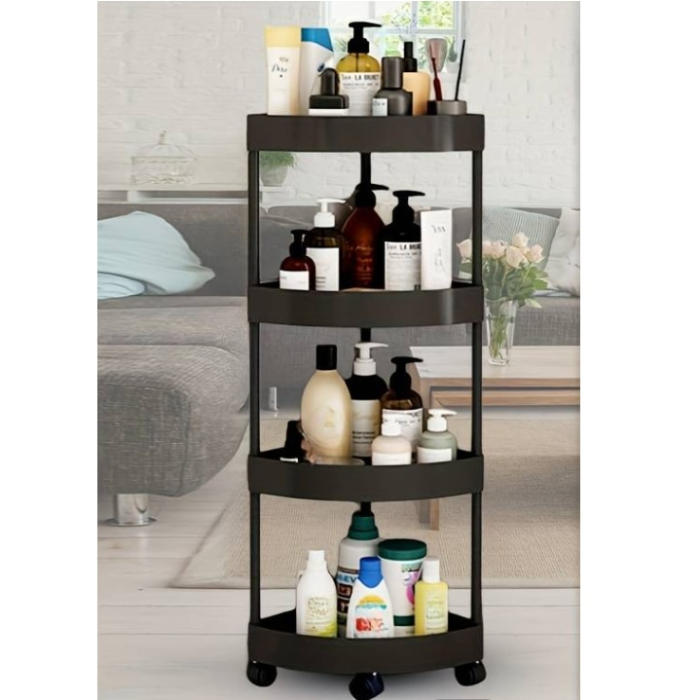 Raft colțar pentru baie cu 4 niveluri, 90 x 34 cm, din plastic, multifuncțional, design de colț, cu roți pentru deplasare ușoară, organizator pentru baie, negru [7]