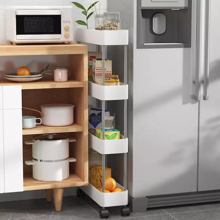 Raft Mobil de Depozitare cu 4 Niveluri, din Metal și Plastic, Organizator cu Roți, Design Ventilat, 40,5 × 22,5 × 87 cm, Alb [4]