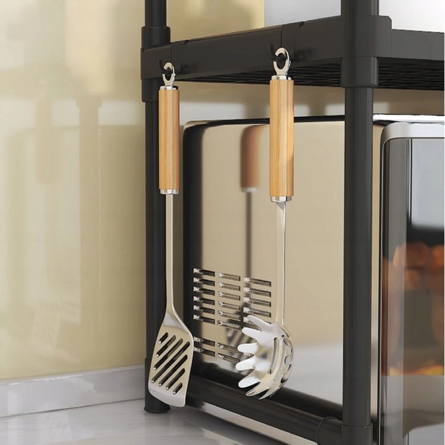 Raft pentru Cuptor cu Microunde, Organizator de Bucătărie din Plastic Rezistent, 49 × 48 × 32 cm, Negru, Ideal pentru Depozitarea Electrocasnicelor și Accesoriilor de Bucătărie [4]