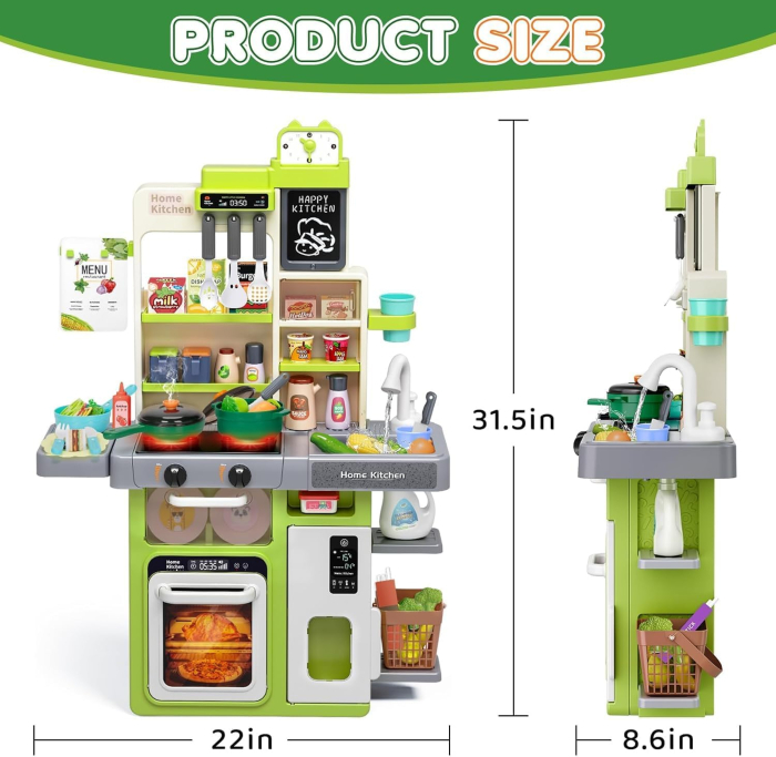 Set bucătărie copii 42 accesorii incluse, ustensile și alimente, material plastic fără BPA, design cu margini sigure, potrivit pentru băieți și fete, verde [2]