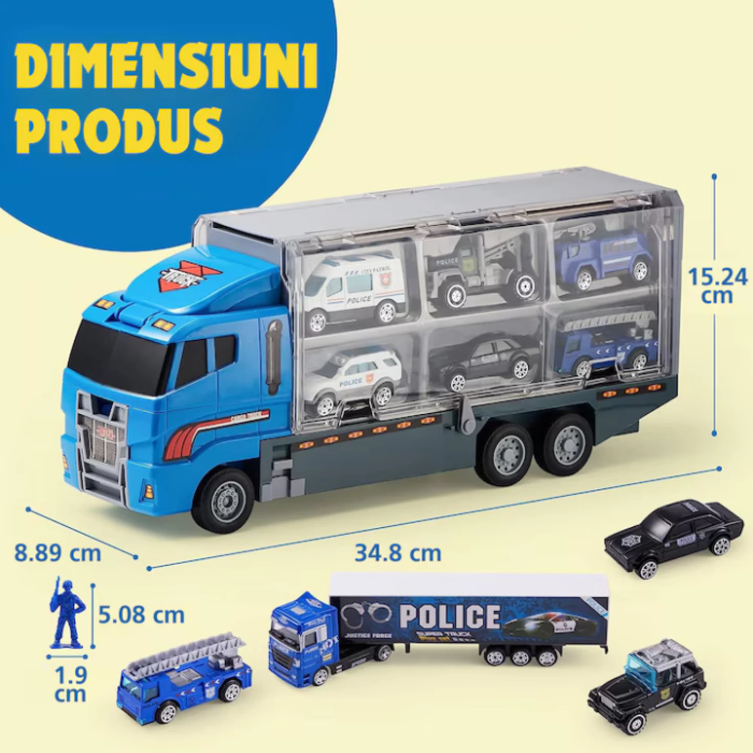 Set Camion Trailer de Jucărie cu 12 Piese - Funcții Pull-Back, Fricțiune și Uși Deschise, pentru Copii 3-7 Ani [2]