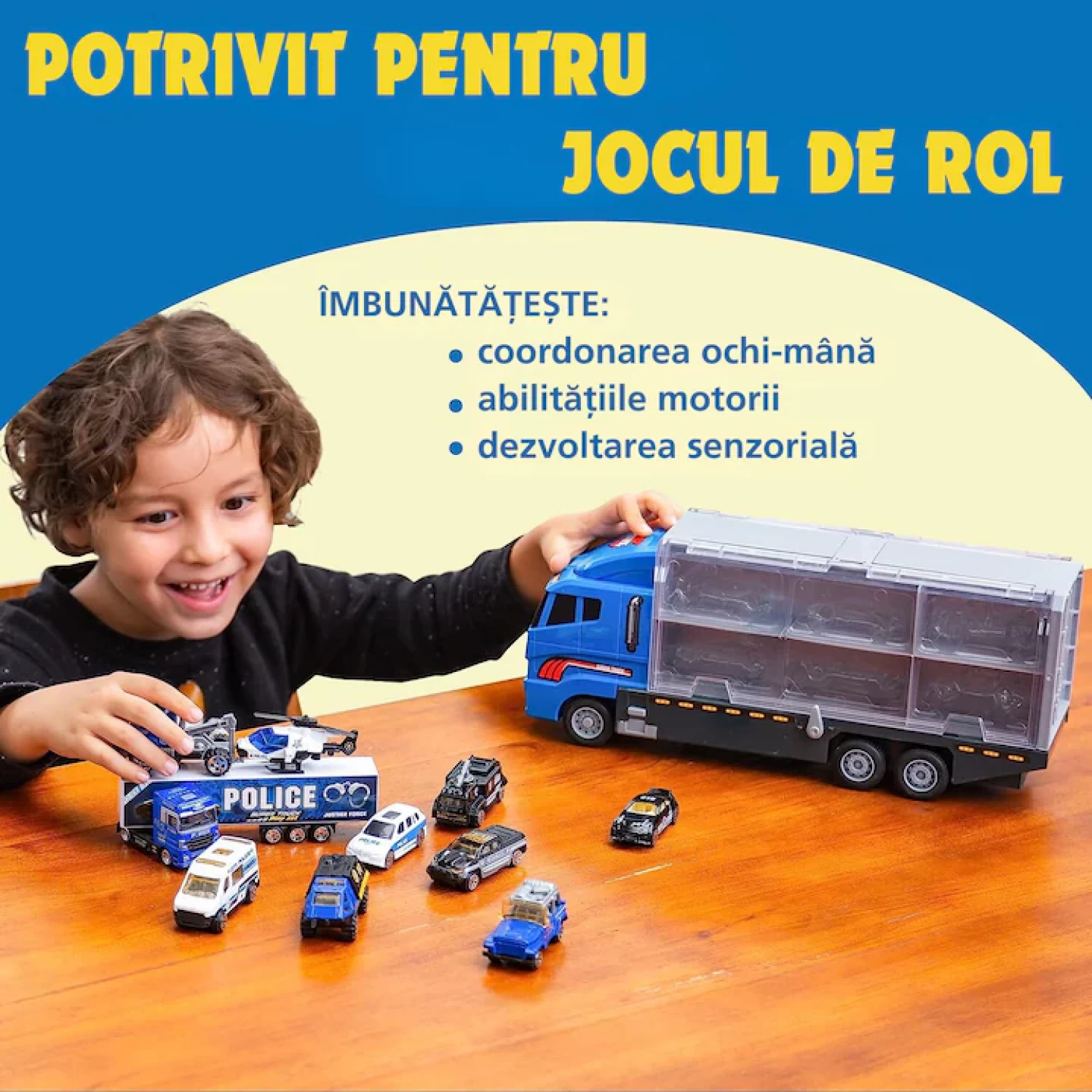 Set Camion Trailer de Jucărie cu 12 Piese - Funcții Pull-Back, Fricțiune și Uși Deschise, pentru Copii 3-7 Ani [5]