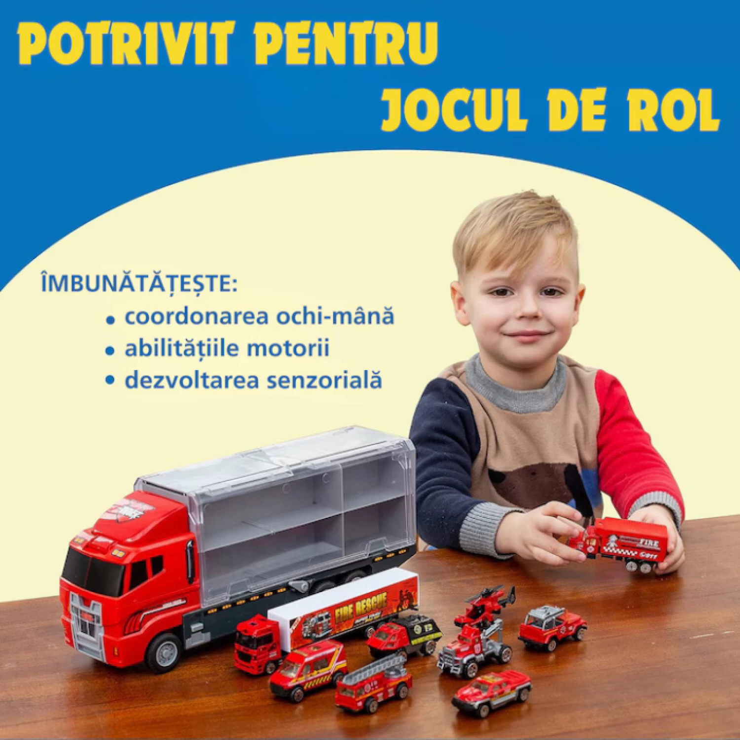 Set Camion Trailer de Jucărie cu 12 Piese - Funcții Pull-Back, Fricțiune și Uși Deschise, pentru Copii 3-7 Ani [3]