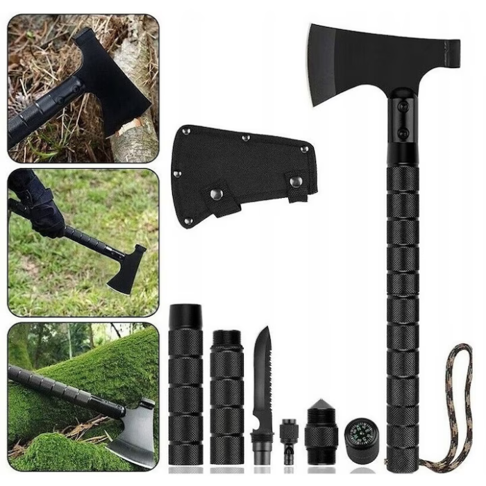 Set topor multifuncțional 6 în 1, 43.5 cm, cu accesorii outdoor - amnar, cuțit, fluier, busolă și spargător sticlă, oțel 420 [7]