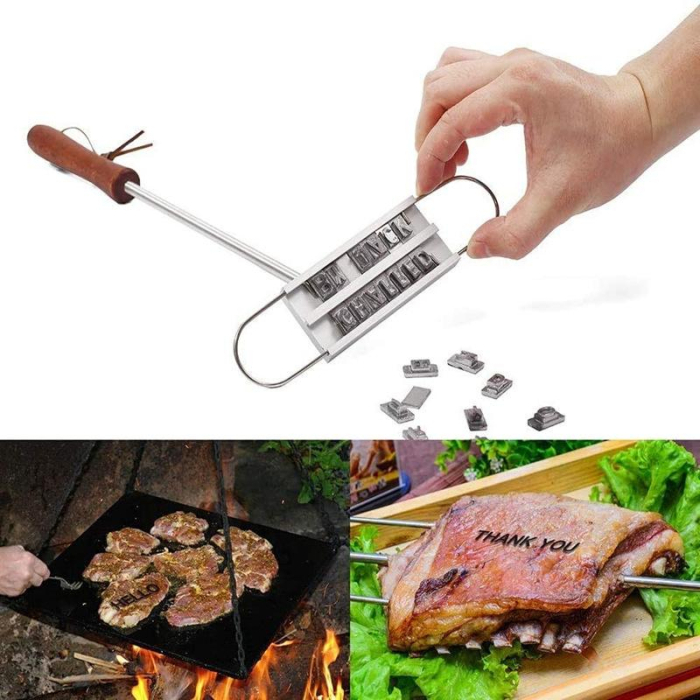 Ștanțator carne grătar cu 52 litere, metal cu mâner din lemn, pentru marcarea fripturii, rezistent la temperaturi ridicate, argintiu [2]