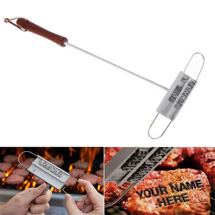 Ștanțator carne grătar cu 52 litere, metal cu mâner din lemn, pentru marcarea fripturii, rezistent la temperaturi ridicate, argintiu [7]