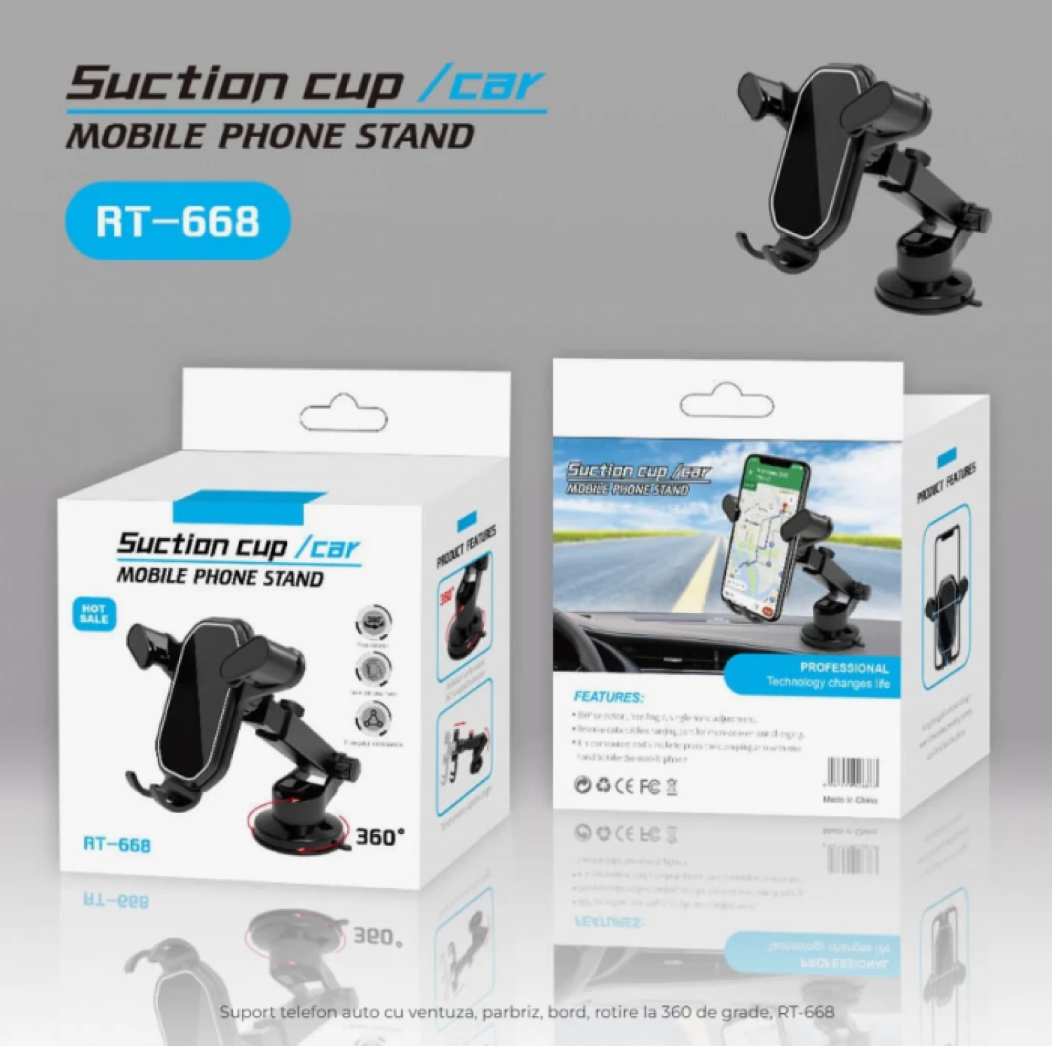 Suport Auto RT-2288 pentru Smartphone, Fixare Puternică pe Parbriz sau Bord, Rotire 360° și Instalare Ușoară [2]