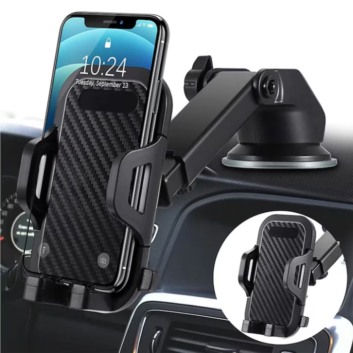 Suport Auto Universal pentru Telefon, Braț Lung Reglabil, Montare pe Bord, Parbriz sau Grila de Ventilație, Rotire 360°, Compatibil cu Toate Smartphone-urile, Utilizare Hands-Free, Negru [4]