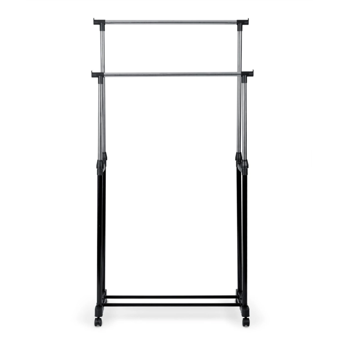 Suport Mobil pentru Haine cu Roți, Înălțime Reglabilă, Spațiu pentru Încălțăminte, Dimensiuni 154x43x78 cm, Structură Ușoară și Stabilă, Design Modern Negru/Argintiu [4]