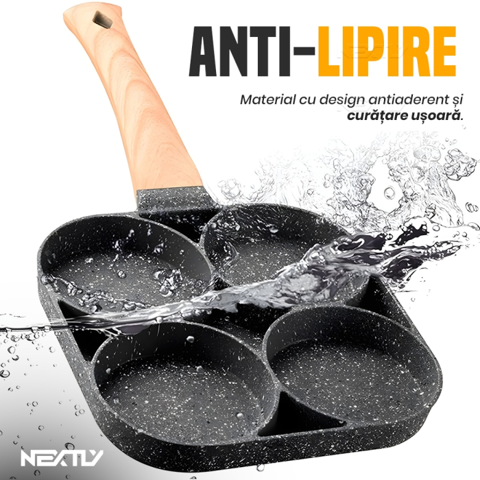 Tigaie pentru Oua cu 4 Compartimente - Aluminiu Multistrat, Strat Antiaderent Non-Stick, Mâner Detașabil din Lemn, 17 × 17 cm, Gri [2]