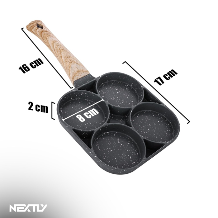 Tigaie pentru Oua cu 4 Compartimente - Aluminiu Multistrat, Strat Antiaderent Non-Stick, Mâner Detașabil din Lemn, 17 × 17 cm, Gri [4]