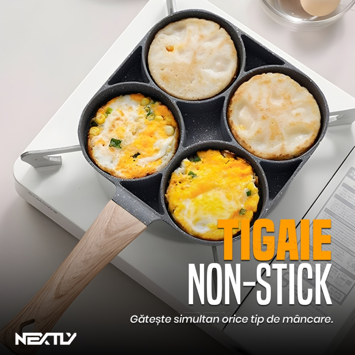Tigaie pentru Oua cu 4 Compartimente - Aluminiu Multistrat, Strat Antiaderent Non-Stick, Mâner Detașabil din Lemn, 17 × 17 cm, Gri [8]