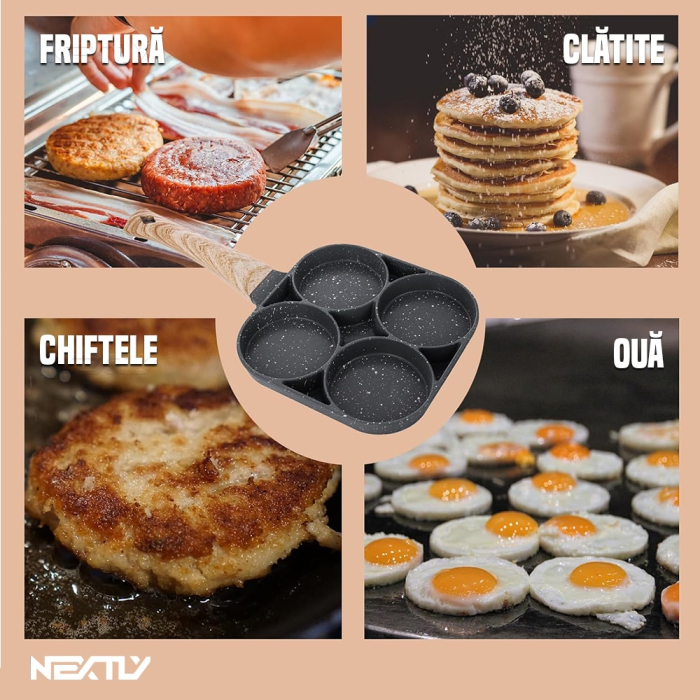 Tigaie pentru Oua cu 4 Compartimente - Aluminiu Multistrat, Strat Antiaderent Non-Stick, Mâner Detașabil din Lemn, 17 × 17 cm, Gri [6]