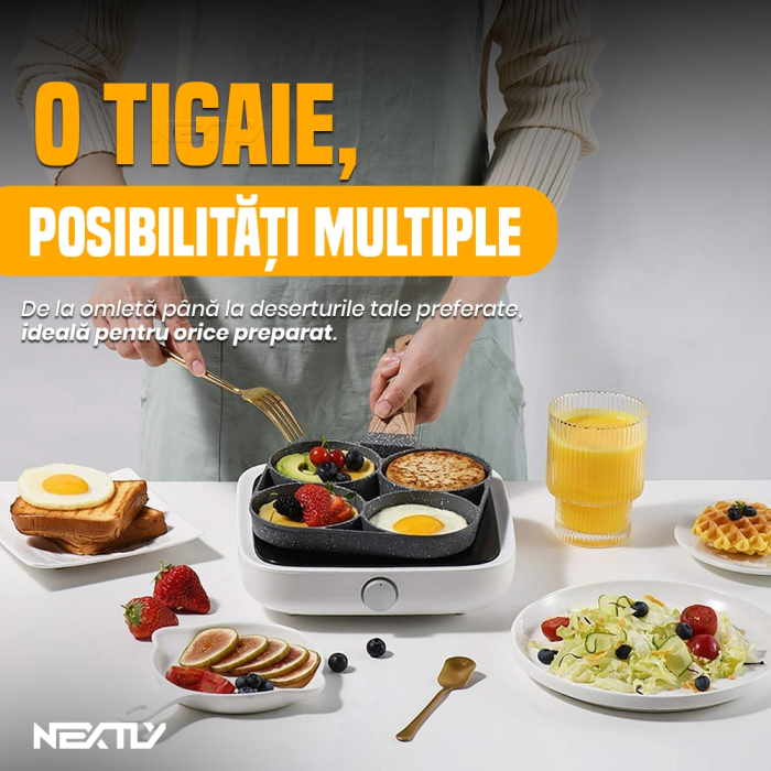 Tigaie pentru Oua cu 4 Compartimente - Aluminiu Multistrat, Strat Antiaderent Non-Stick, Mâner Detașabil din Lemn, 17 × 17 cm, Gri [3]
