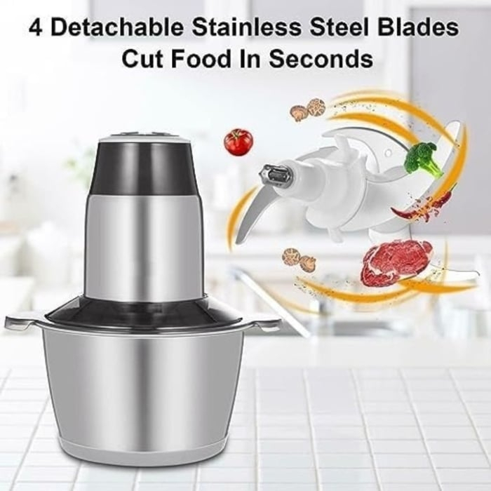 Tocator electric 3L pentru carne si legume, 1000 W, 4 lame din otel inoxidabil de inalta calitate, Recipient din Inox, Argintiu [6]