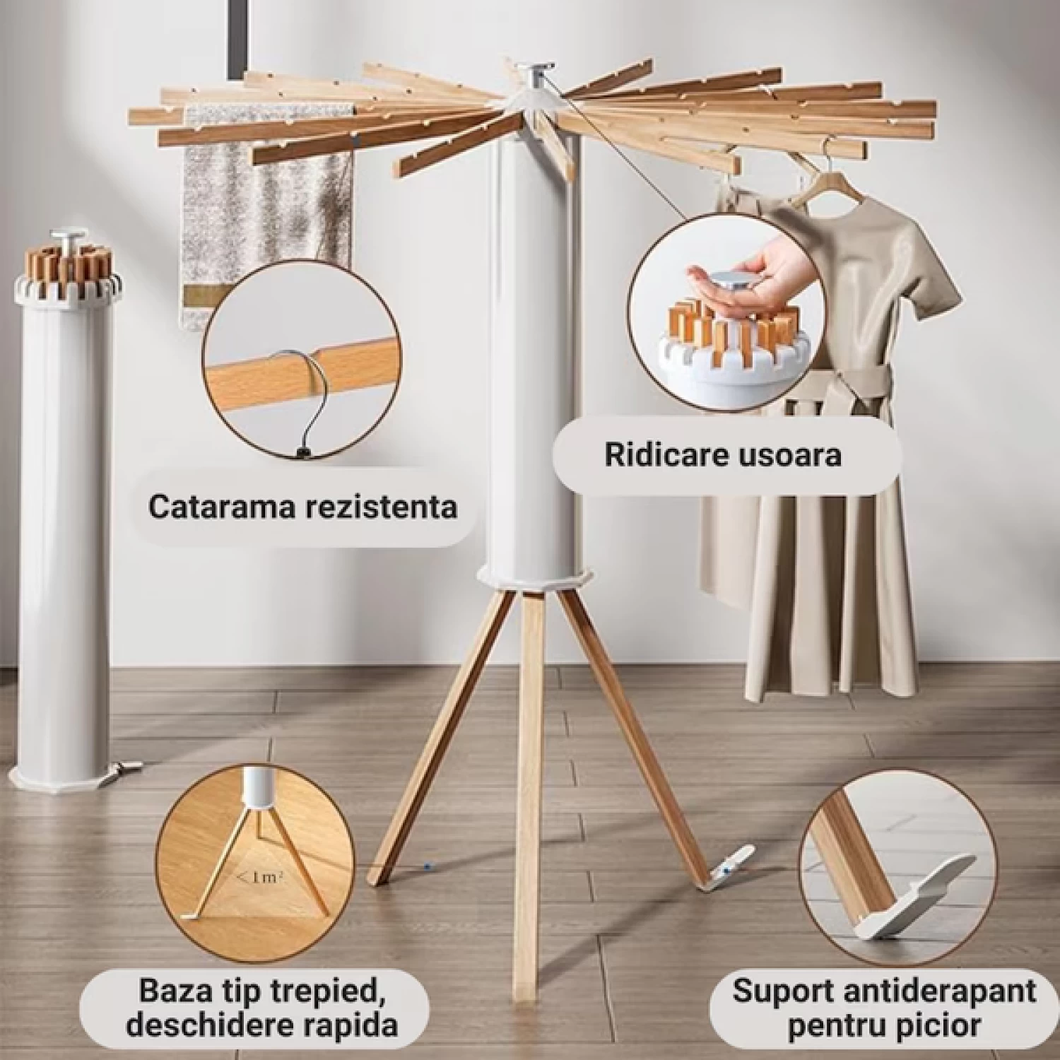 Uscător de Rufe Pliabil din Lemn Rezistent - 16 bare de sustinere, Sustine 100 kg, Rotire 360°, Reglabil, Protecție UV, Compact și Durabil [7]
