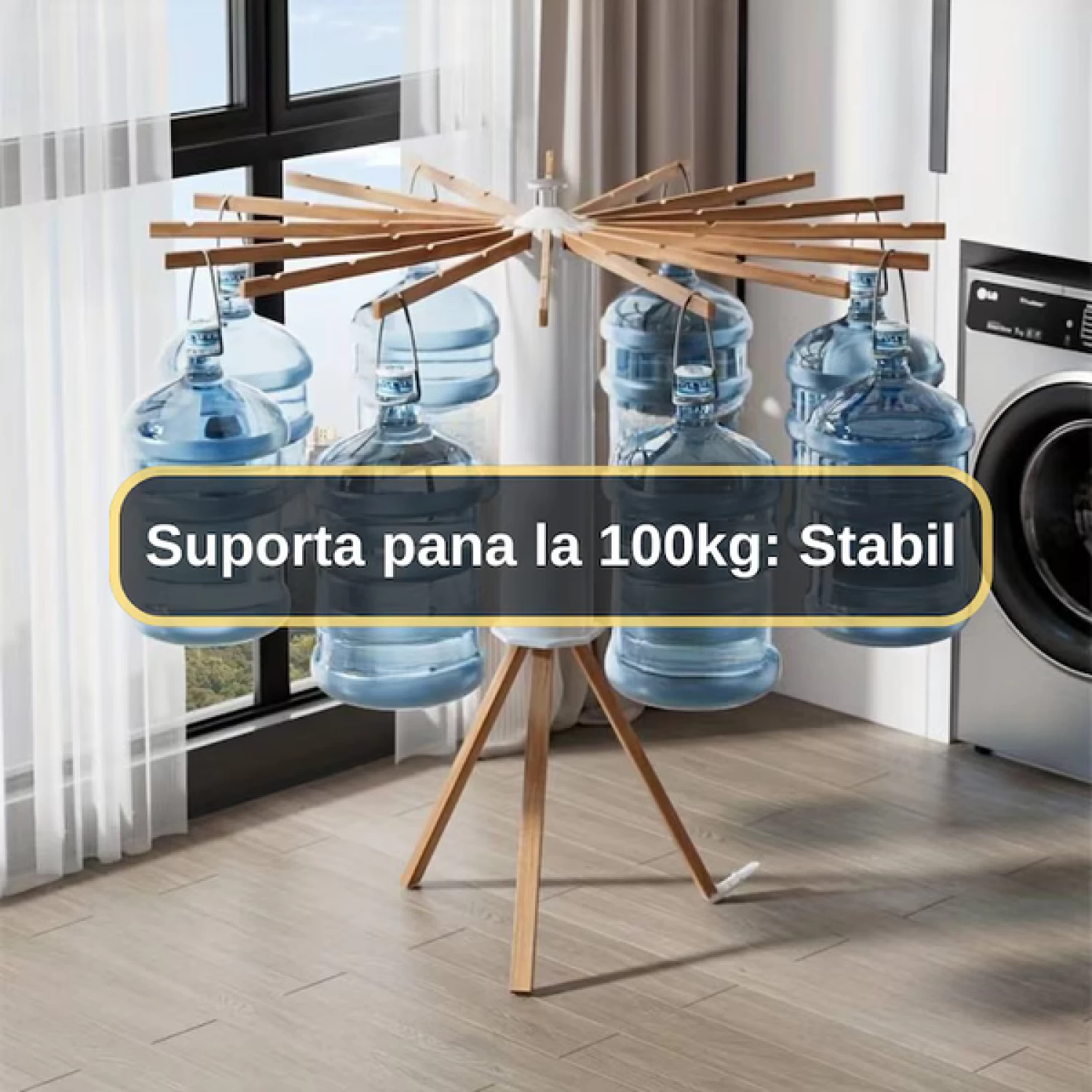 Uscător de Rufe Pliabil din Lemn Rezistent - 16 bare de sustinere, Sustine 100 kg, Rotire 360°, Reglabil, Protecție UV, Compact și Durabil [2]