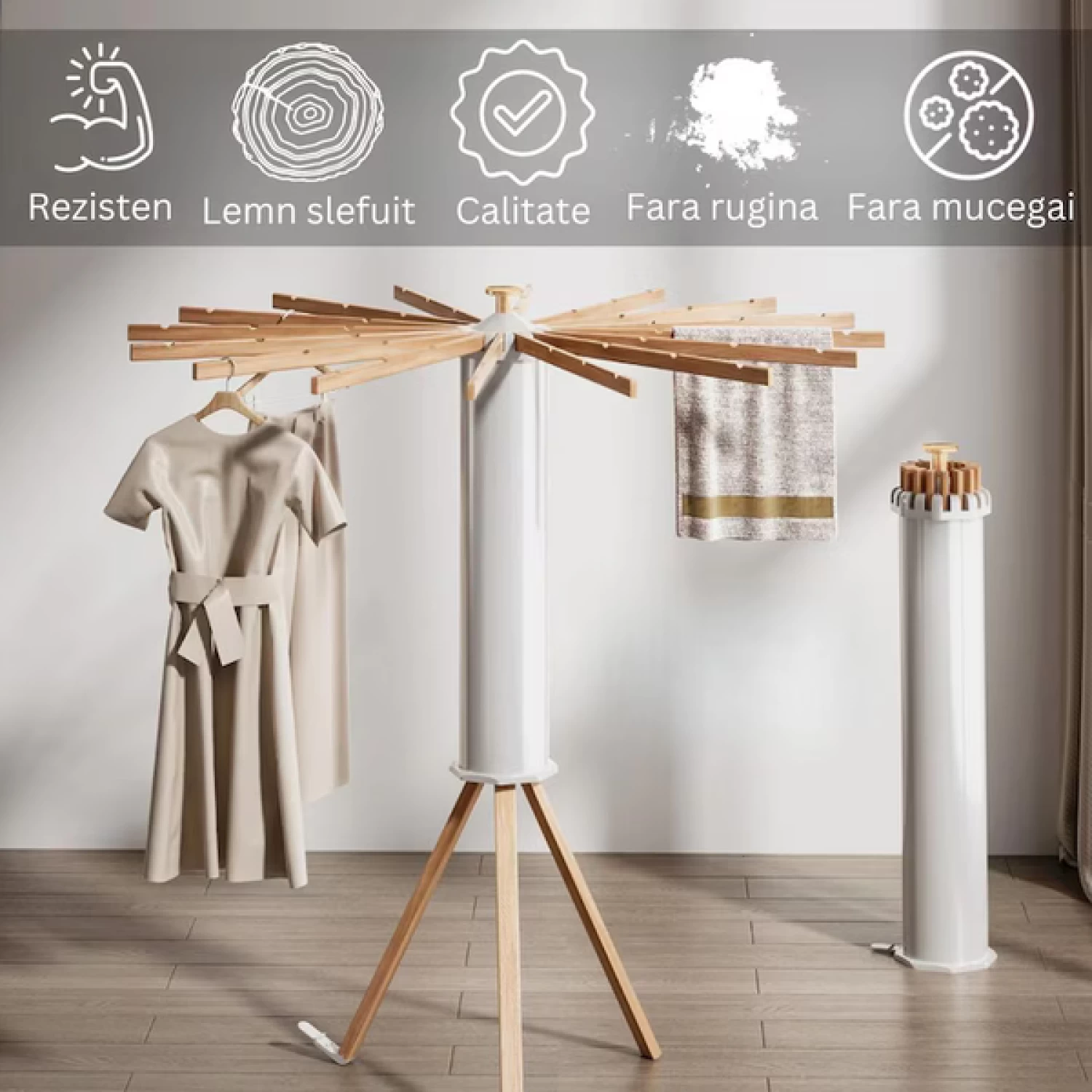 Uscător de Rufe Pliabil din Lemn Rezistent - 16 bare de sustinere, Sustine 100 kg, Rotire 360°, Reglabil, Protecție UV, Compact și Durabil [10]