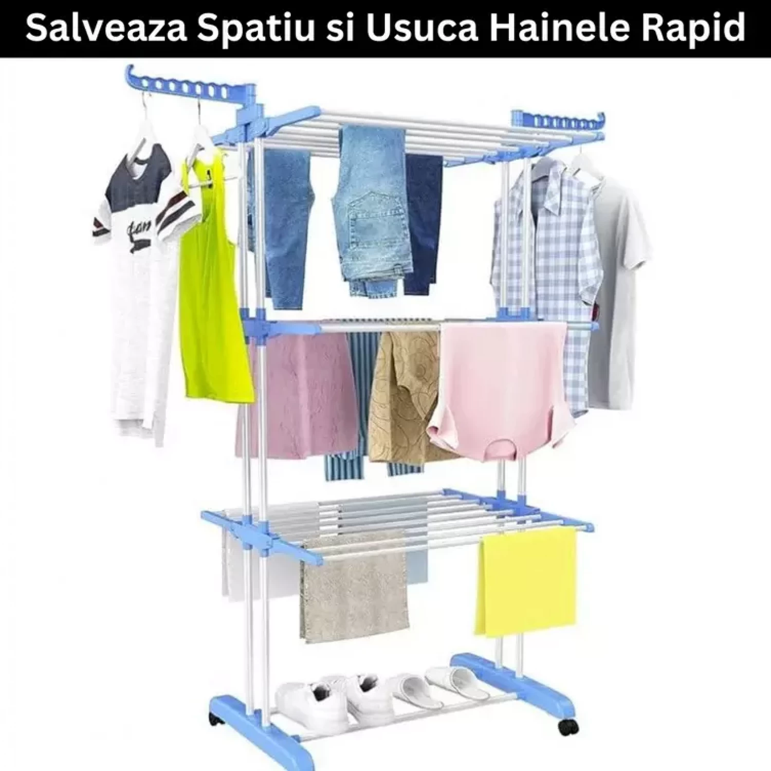 Uscător de Rufe Vertical, Pliabil și cu Roți, Capacitate 50 kg, 3 Niveluri de Uscare, Design Compact, alb/Albastru [12]