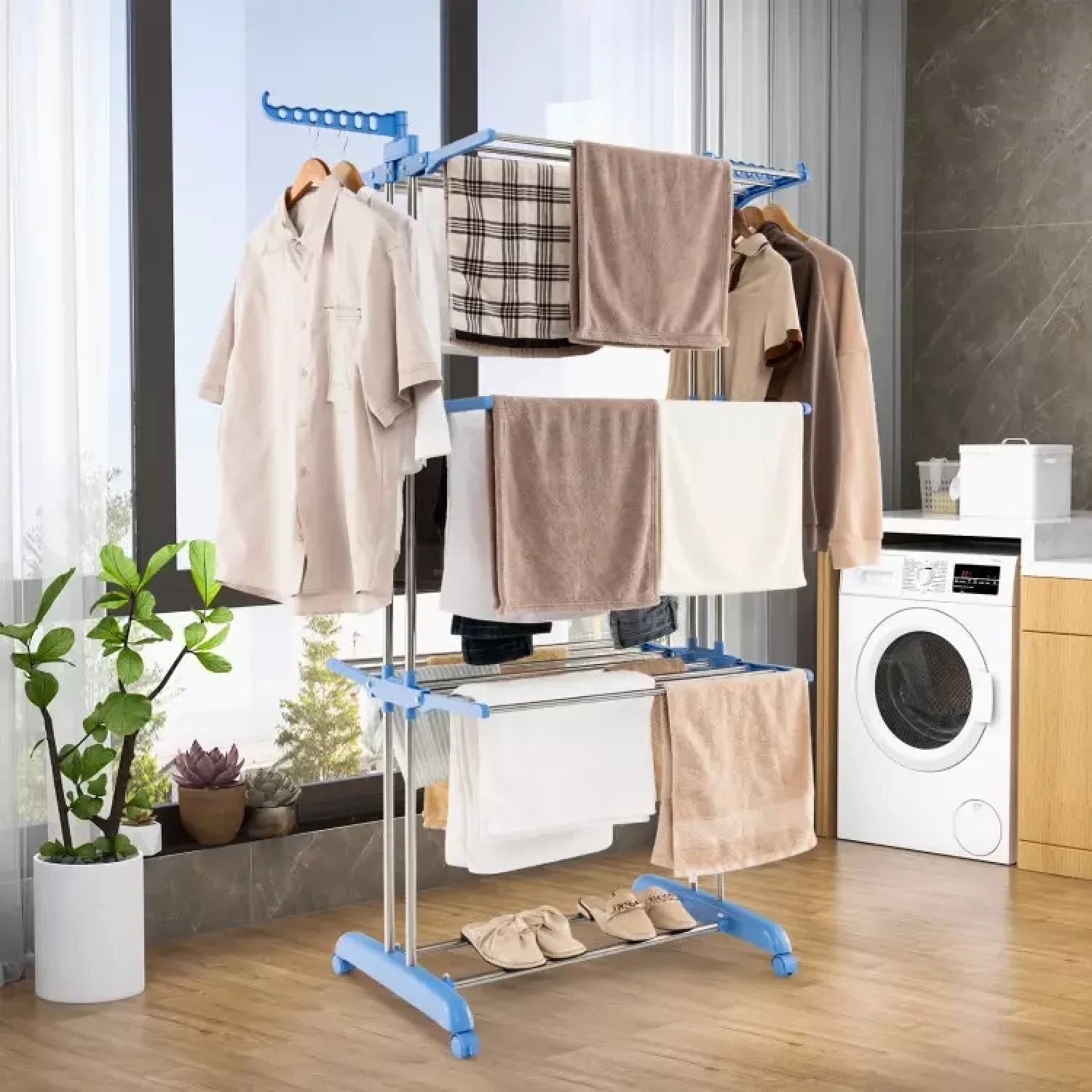 Uscător de Rufe Vertical, Pliabil și cu Roți, Capacitate 50 kg, 3 Niveluri de Uscare, Design Compact, alb/Albastru [15]