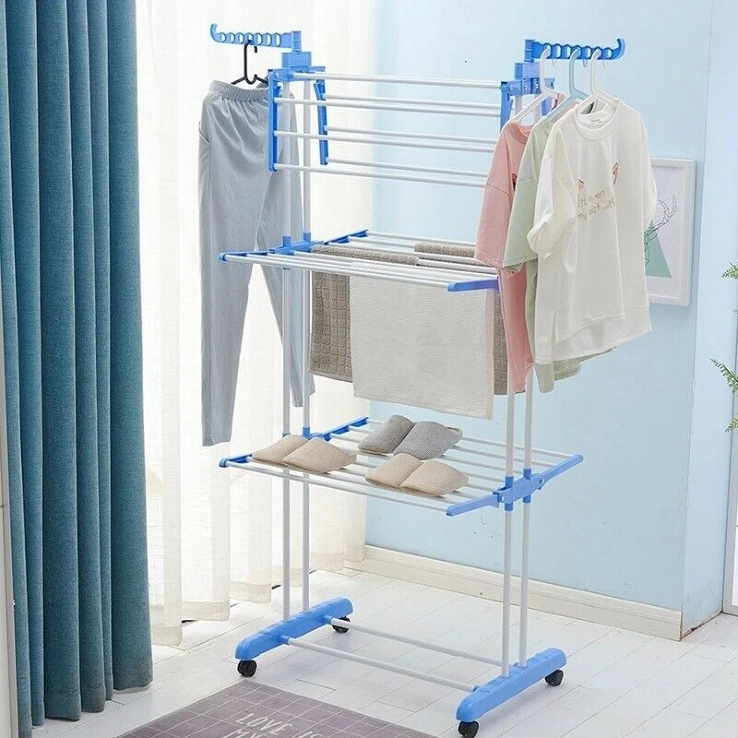 Uscător de Rufe Vertical, Pliabil și cu Roți, Capacitate 50 kg, 3 Niveluri de Uscare, Design Compact, alb/Albastru [13]
