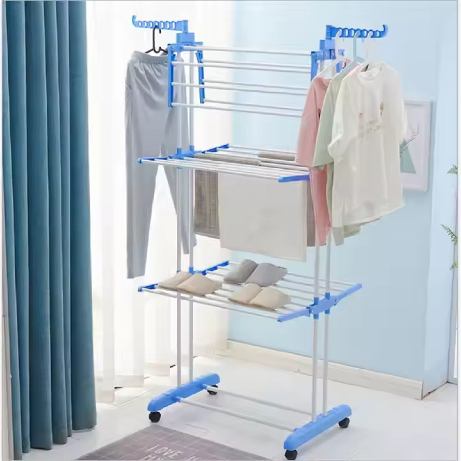 Uscător de Rufe Vertical, Pliabil și cu Roți, Capacitate 50 kg, 3 Niveluri de Uscare, Design Compact, alb/Albastru [7]