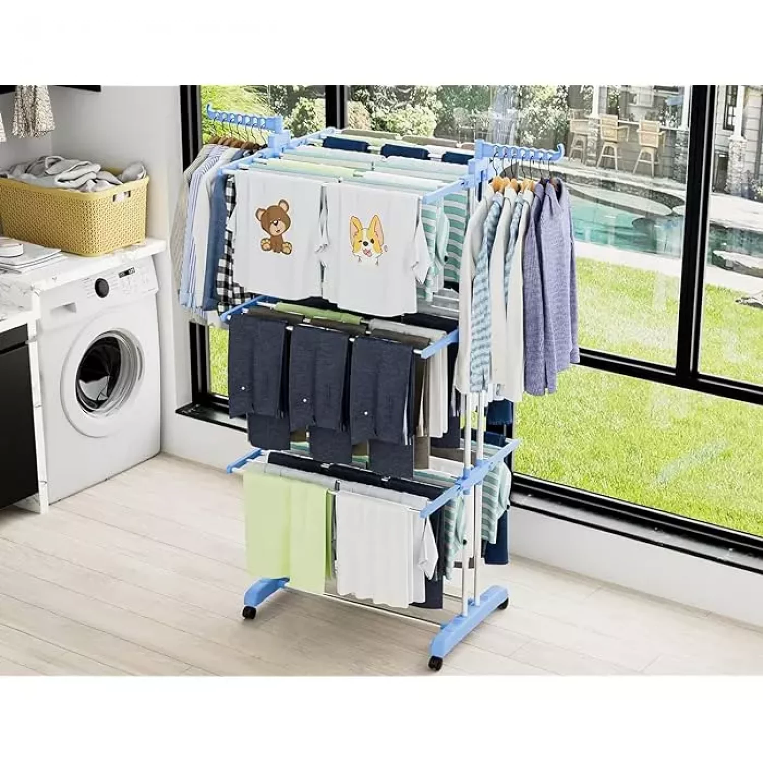 Uscător de Rufe Vertical, Pliabil și cu Roți, Capacitate 50 kg, 3 Niveluri de Uscare, Design Compact, alb/Albastru [9]