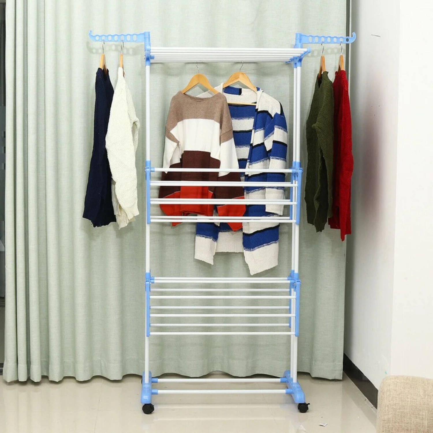 Uscător de Rufe Vertical, Pliabil și cu Roți, Capacitate 50 kg, 3 Niveluri de Uscare, Design Compact, alb/Albastru [3]