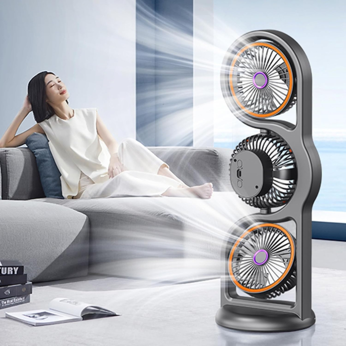 Ventilator Portabil de Birou cu 3 Capete, Rotire 360°, 5 Trepte de Viteză, Acumulator Reîncărcabil prin USB, Flux de Aer Multidirecțional, Înclinare Reglabilă la 45° [3]