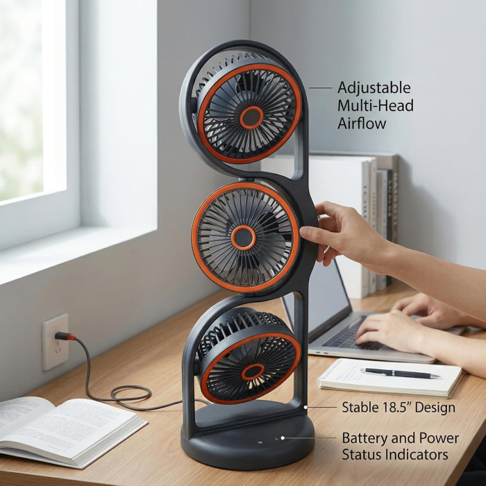 Ventilator Portabil de Birou cu 3 Capete, Rotire 360°, 5 Trepte de Viteză, Acumulator Reîncărcabil prin USB, Flux de Aer Multidirecțional, Înclinare Reglabilă la 45° [4]