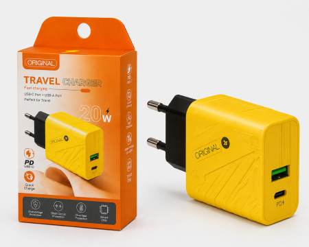 Accesorii Telefoane - Adaptor Priză USB-C 20W PD pentru Încărcare Rapidă, Încărcător de Rețea Compatibil cu Telefoane și Alte Dispozitive USB-C, Design Compact, Galben